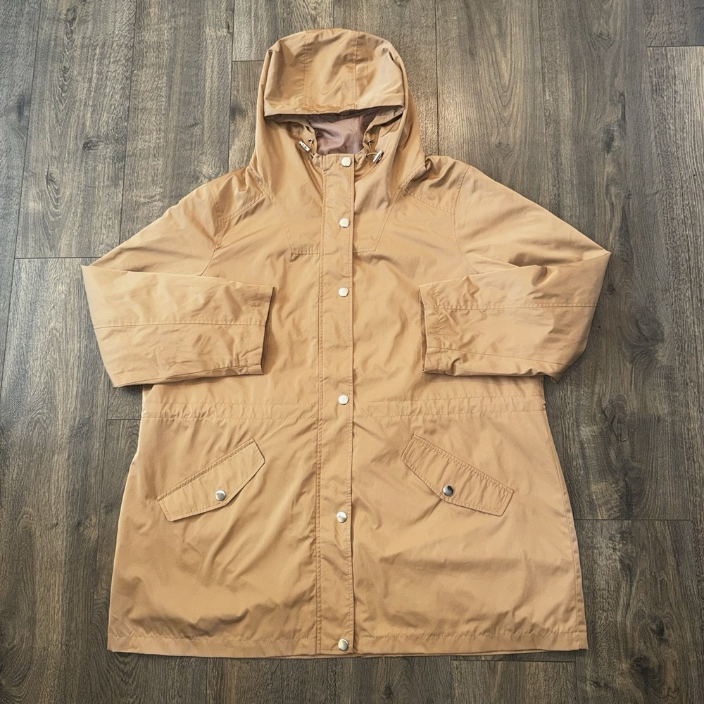 Time&Tru Women's 1X Hooded Utility Jacket Zipup Button Hooded Khaki Windbreaker